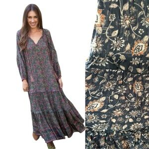 Natural Life Lula Tiered Ruffle Maxi Dress Black Brown Orange Long Sleeve‎ XS